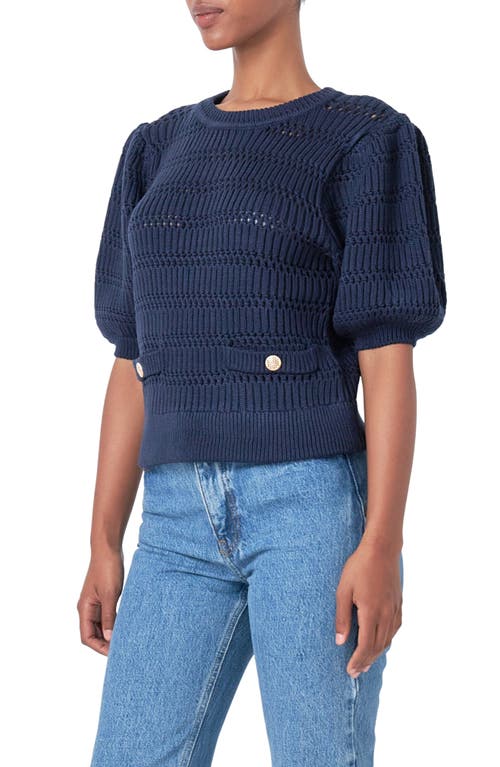 Shop English Factory Puff Sleeve Knit Top In Navy