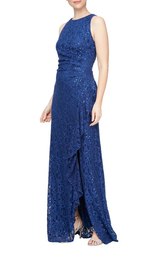 Alex Evenings Ruffle Sequin Lace Gown In Royal