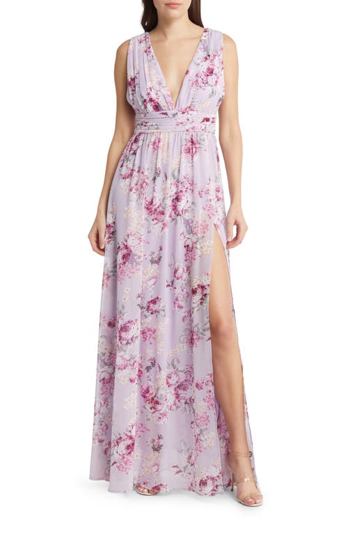 Lulus Garden Meandering Floral Chiffon Gown in Lavender Floral