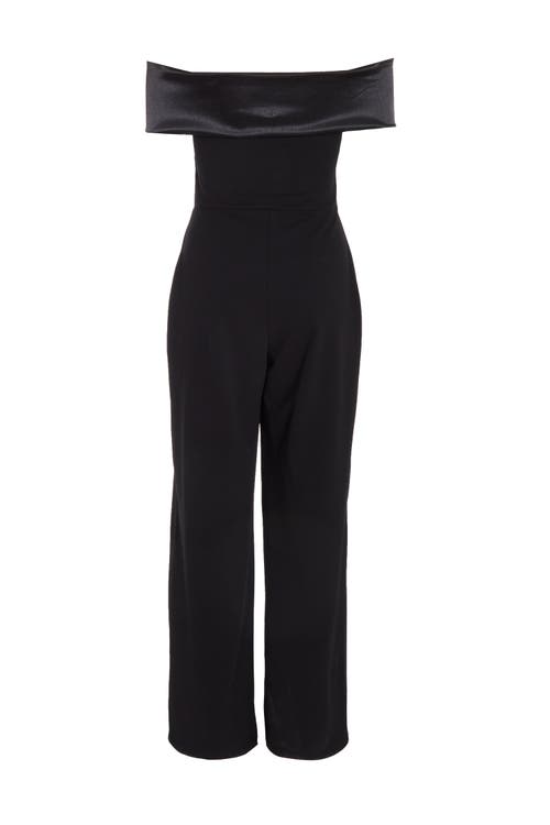 Shop Quiz Bardot Scuba Crepe Jumpsuit With Satin Trim In Black