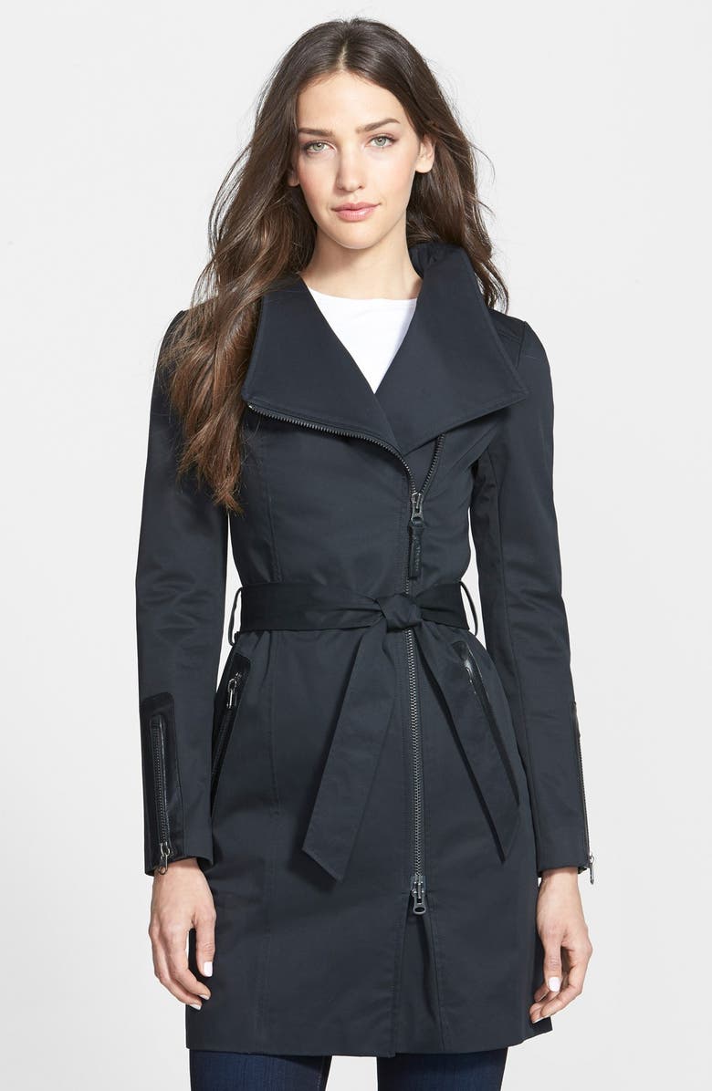 Mackage Leather Trim Asymmetrical Zip Long Trench Coat | Nordstrom