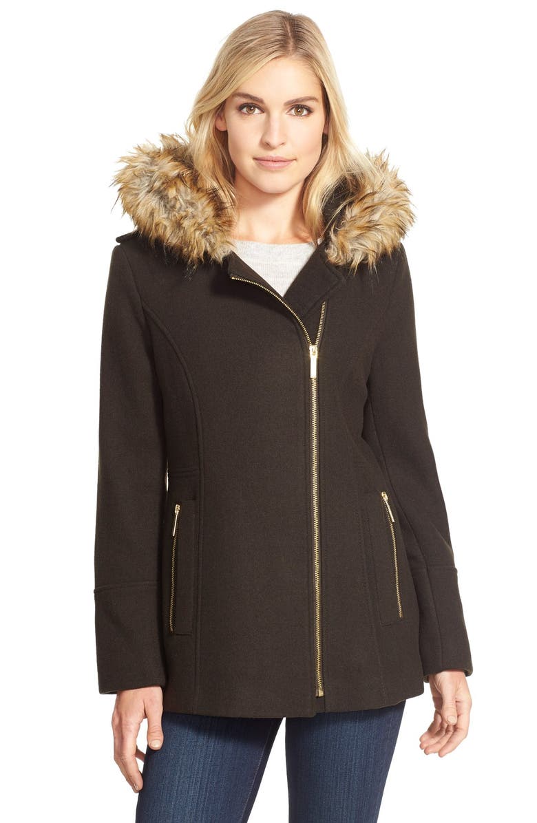 MICHAEL Michael Kors Belted Asymmetrical Wool Blend Coat with Faux Fur ...