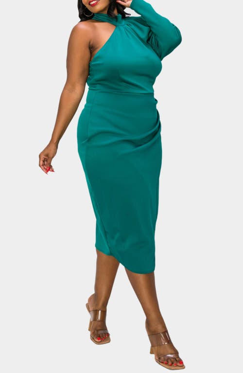 L I V D Gigi One-shoulder Long Sleeve Midi Dress In Emerald