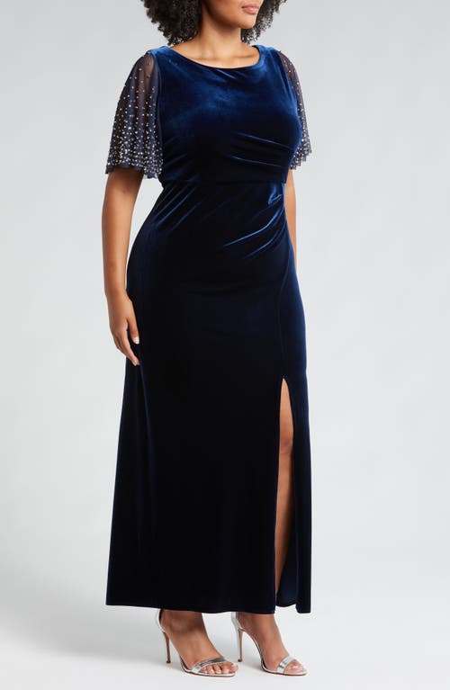 Alex Evenings Embellished Flutter Sleeve Velvet Trumpet Gown In Navy