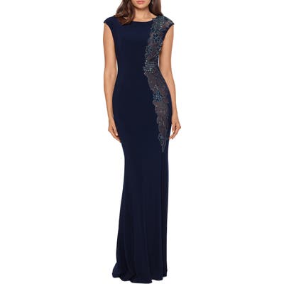 Xscape Embroidered Mermaid Gown, Blue