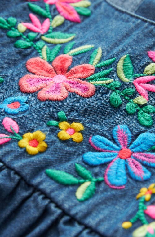 Next Kids' Floral Embroidered Denim Caftan Dress In Indigo