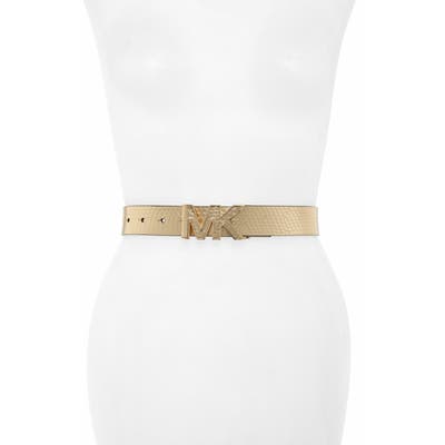 Michael Kors Logo Buckle Metallic Snake Embossed Leather Belt, Gold