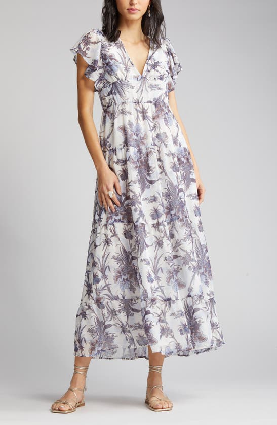 Chelsea28 Floral Flutter Sleeve Tiered Chiffon Maxi Dress In White ...