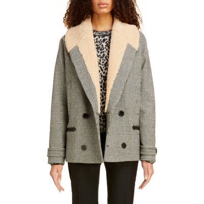 Saint Laurent Genuine Shearling Collar Glen Plaid Coat