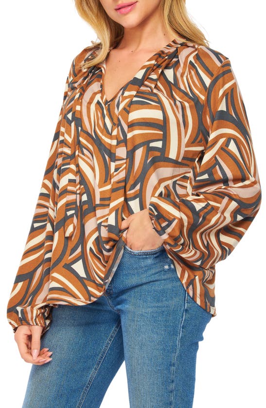 Bluegrey Poet Tie Front Long Sleeve Top In Mocha Swirl