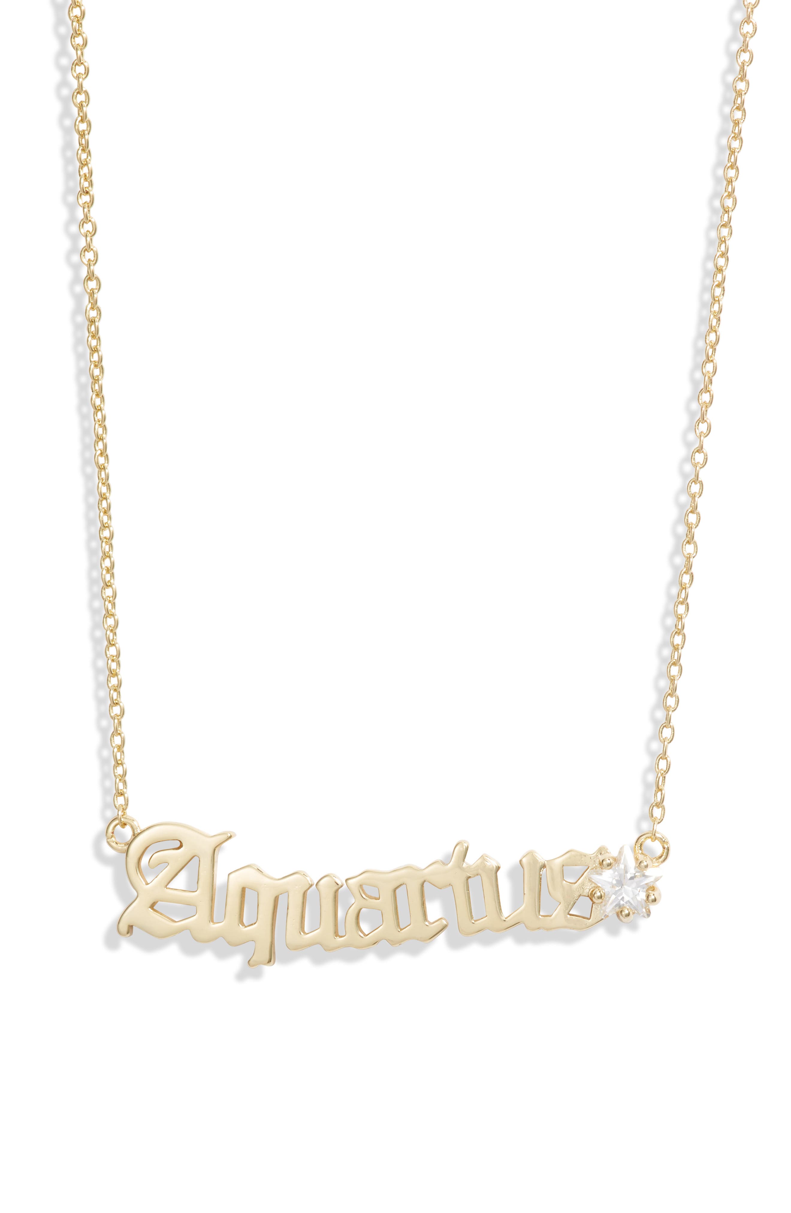 Melinda Maria Zodiac Script Pendant Necklace In Gold- Aquarius