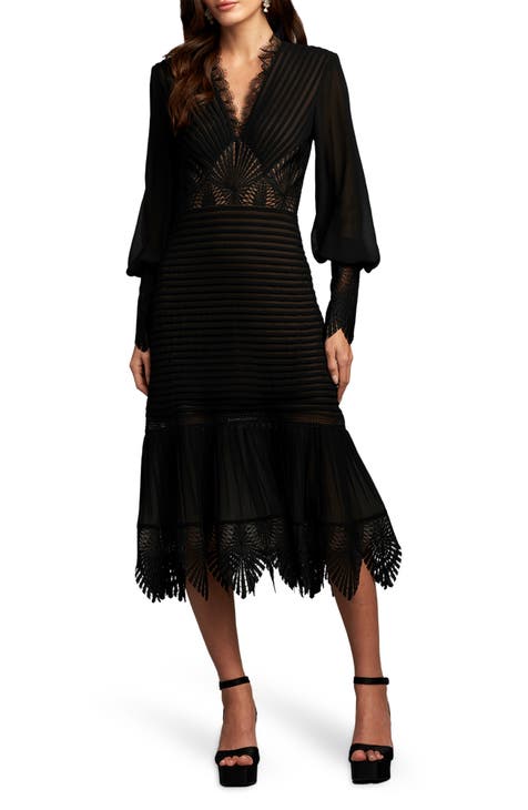 Ribbed Lace Trim Long Sleeve Midi Cocktail Dress