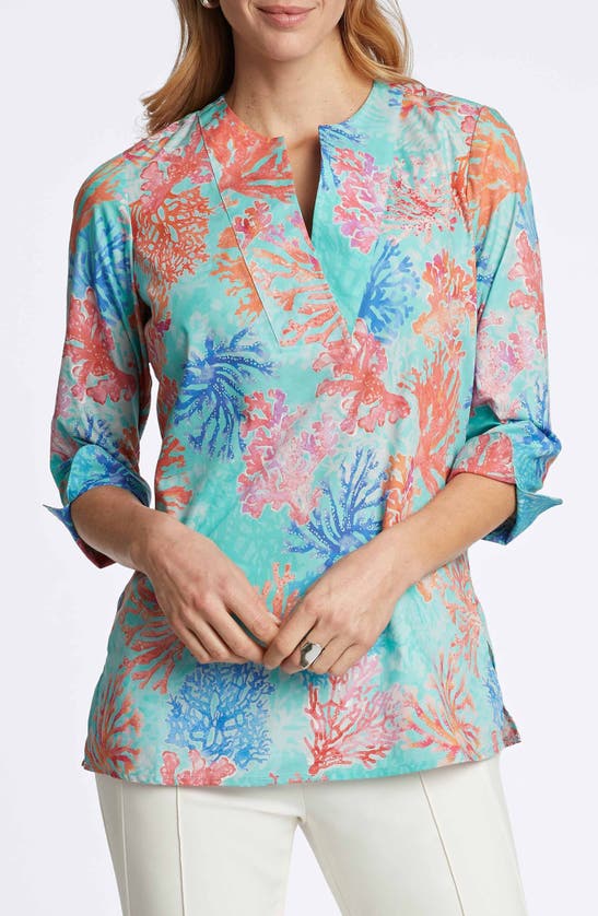 Shop Foxcroft Vena Coral Print Cotton Tunic In Blue Multi