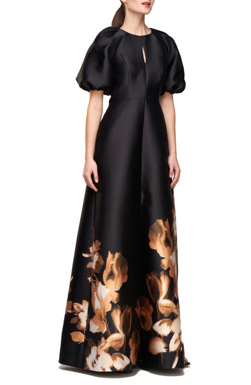 Shop Kay Unger Delfina Puff Sleeve Mikado Gown In Black/fall Gold