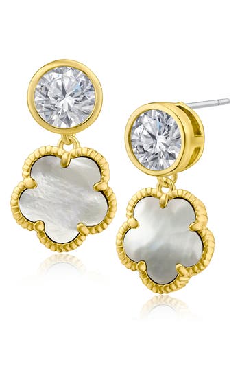 Shop Cz By Kenneth Jay Lane Bezel Cz & Clover Dangle Earrings In Mother Of Pearl/gold