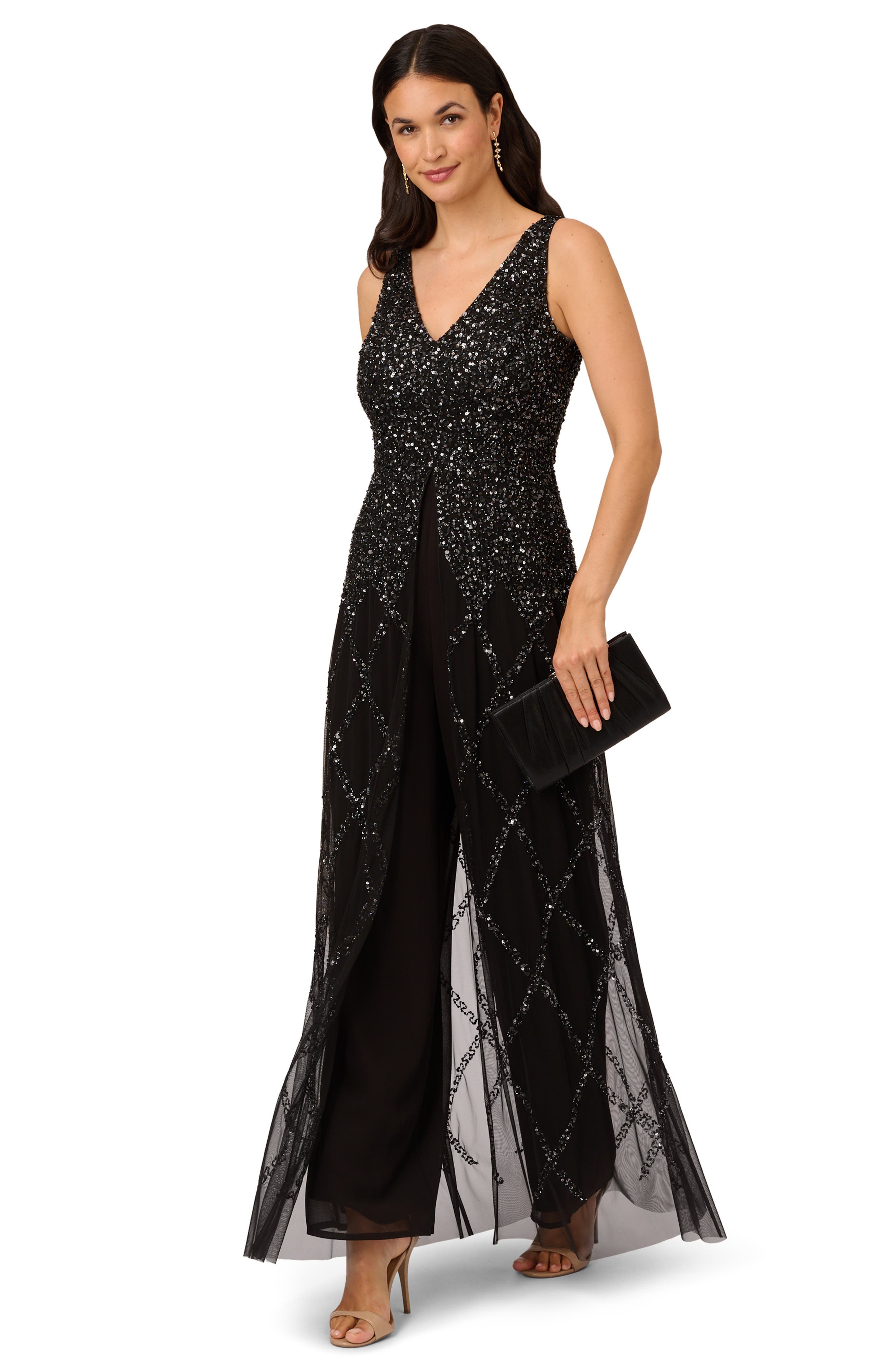 Adrianna Papell Beaded Georgette Jumpsuit in Black Smart Closet