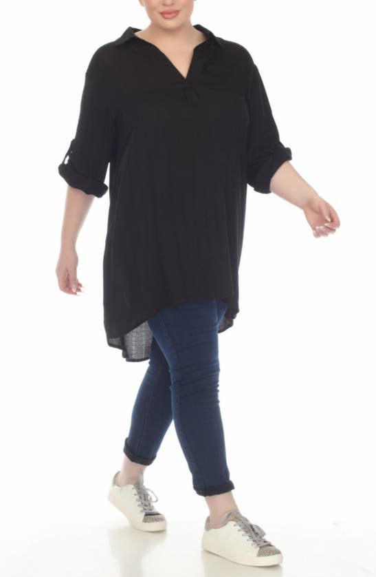 Boho Me Roll Sleeve Button-up Tunic Shirt In Black