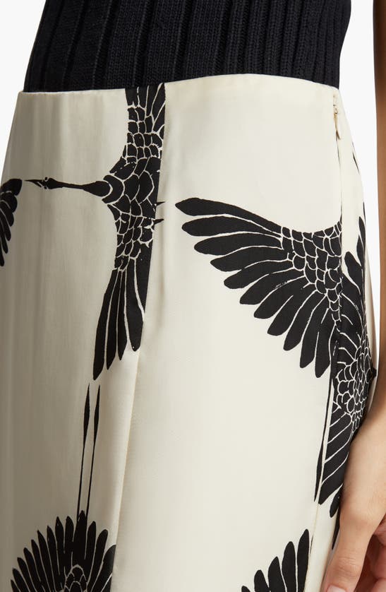 Shop Khaite Levy Crane Print Pleated Cupro Skirt In Cream / Black