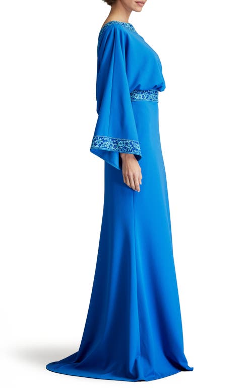 Shop Tadashi Shoji Drape Back Crepe Long Sleeve Gown In Blue Gaze