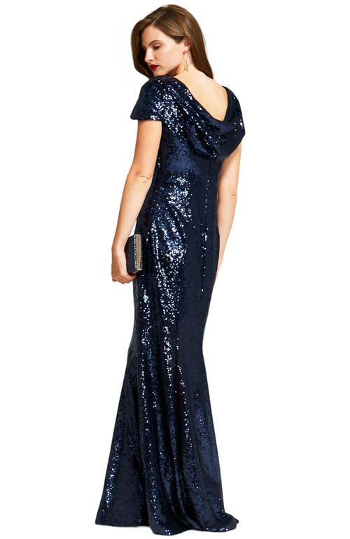 Shop Hotsquash London Clothing Mermaid Shape Sequin Gown With Cowl Back In Navy