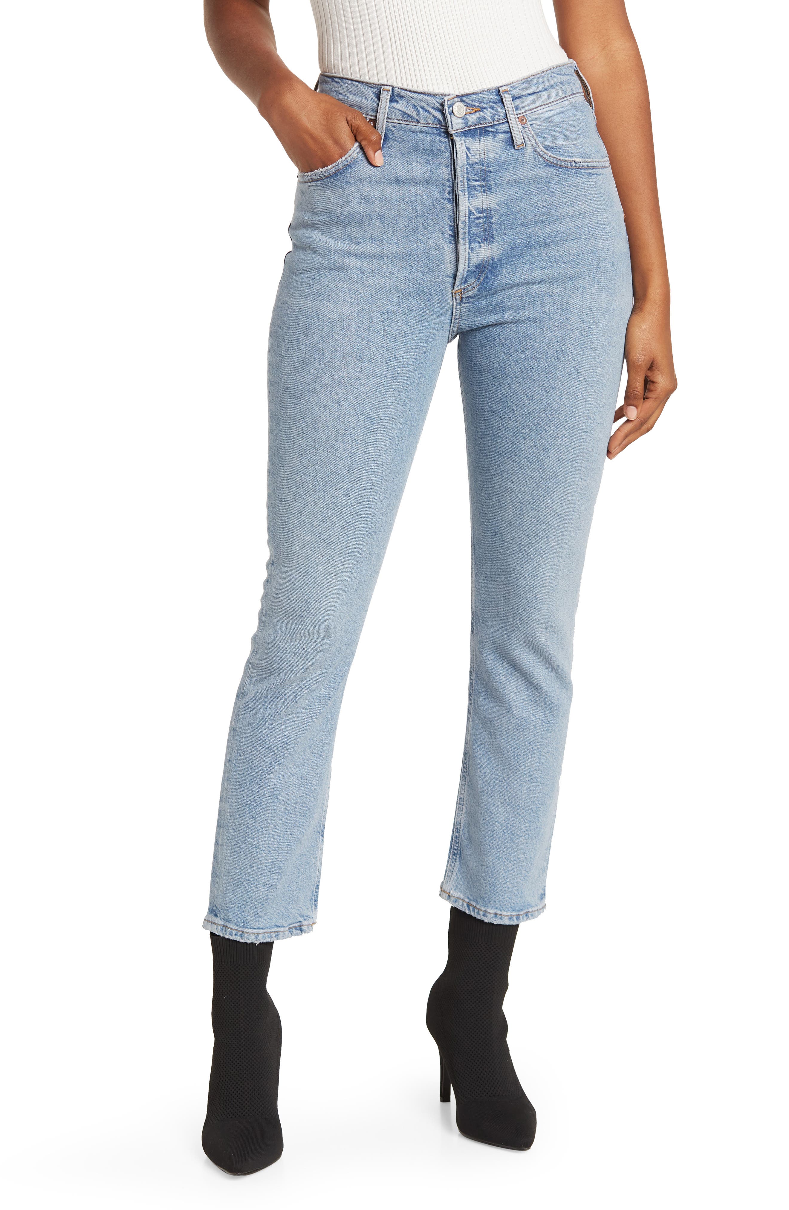 AGOLDE Riley High Waist Crop Straight Leg Jeans in Shiver at Nordstrom, Size 32