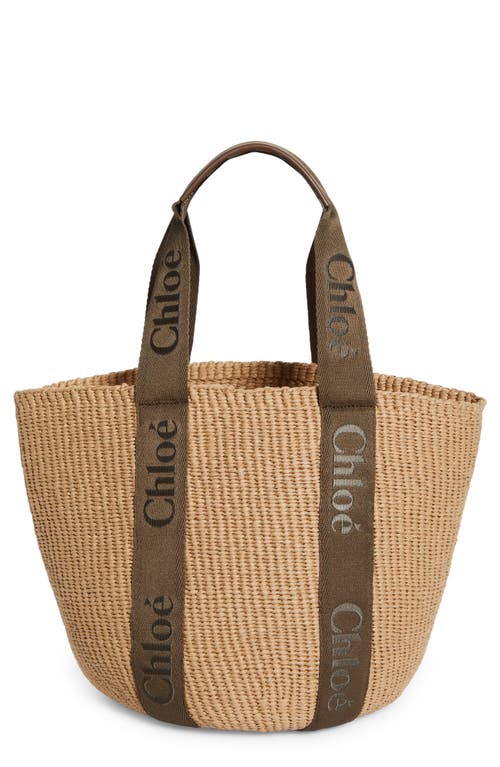 Chloé Large Woody Straw Basket Tote in Dark Nut/Beige