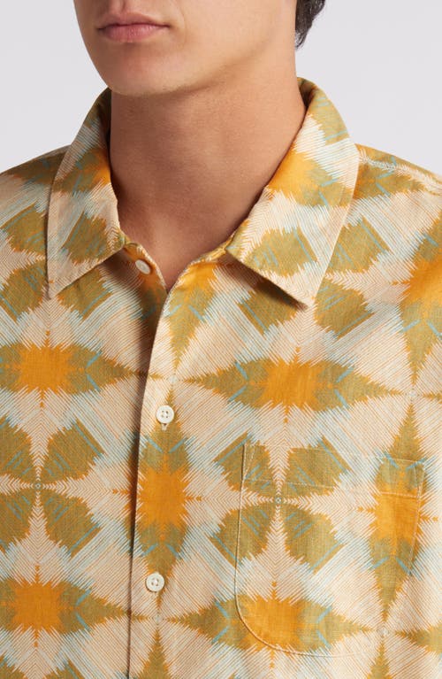 Shop Treasure & Bond Trim Fit Geo Print Short Sleeve Linen & Cotton Button-up Shirt In Orange- Green Ikat Patchwork