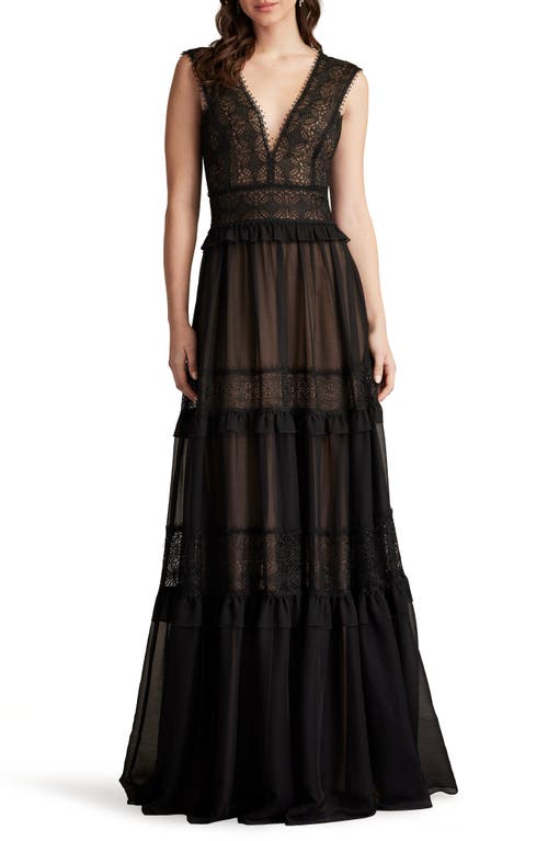 Shop Tadashi Shoji Sleeveless Tiered Lace & Tulle Gown In Black