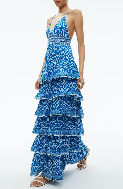 Alice And Olivia Imogene Tiered Maxi Dress In Artisan Ikat French Blue