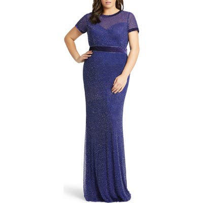 Plus Size MAC Duggal Diamond Grid Beaded Gown, Blue