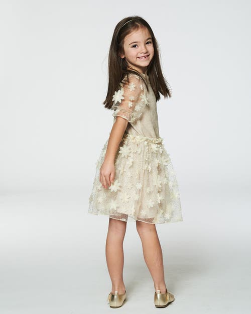 Deux Par Deux Girl's Elbow Sleeve Dress With Tulle Skirt Glittering Beige In Off White