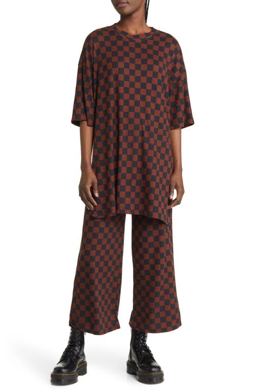 Lex Ribbed Oversize T-Shirt & High Waist Crop Pants Set in Black Brown Check