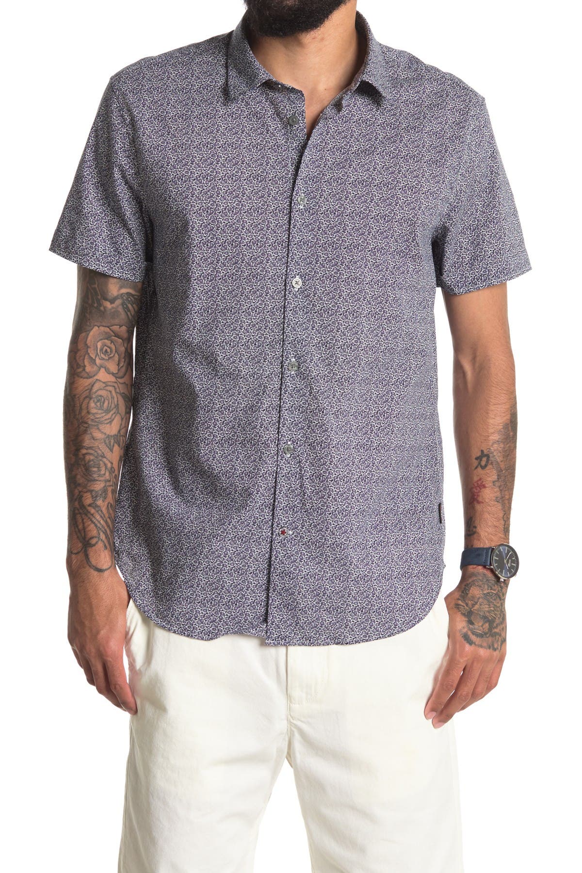 Details about   John Varvatos Star USA Men's Steel Blue Floral Print Short Sleeve Trim Fit Shirt 
