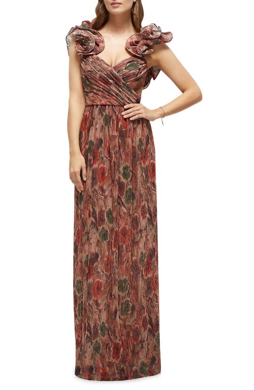 After Six Women's Dramatic Ruffle Edge Strap Fall Foral Pleated Metallic Maxi Dress In Harvest Floral Print