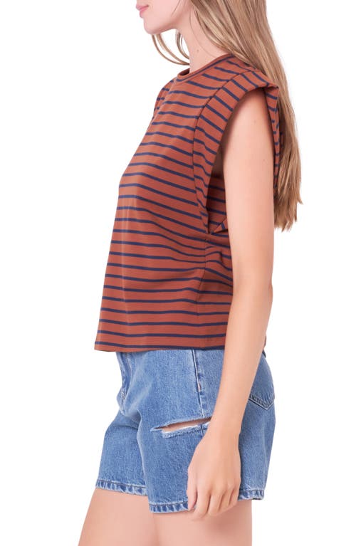 Shop English Factory Stripe Extended Shoulder T-shirt In Brown/navy