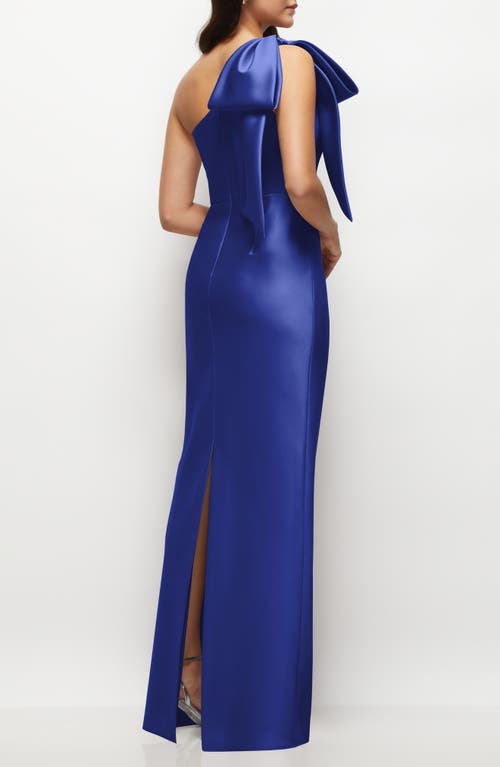 Shop Alfred Sung Bow Detail One-shoulder Satin Twill Column Gown In Cobalt Blue