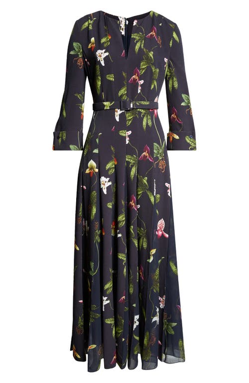 Shop Oscar De La Renta Orchid Print Chiffon Inset Cady Dress In Navy Multi