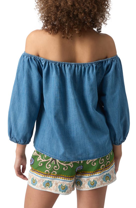 Shop Sanctuary Beach To Bar Off The Shoulder Chambray Top In Bit Of Blu