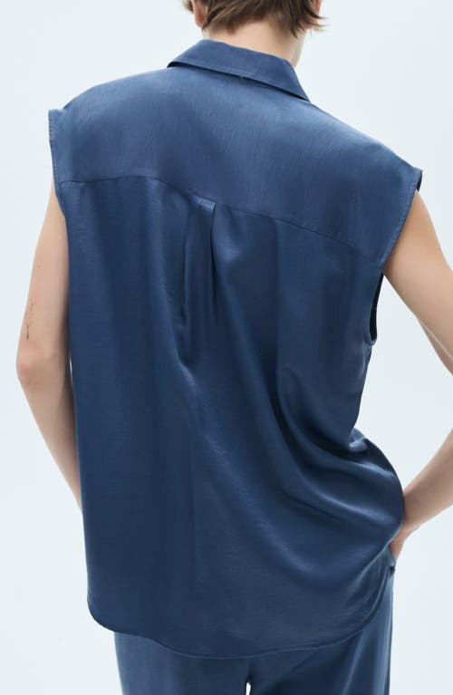 Shop Mango Hammered Satin Cap Sleeve Button-up Shirt In Blue