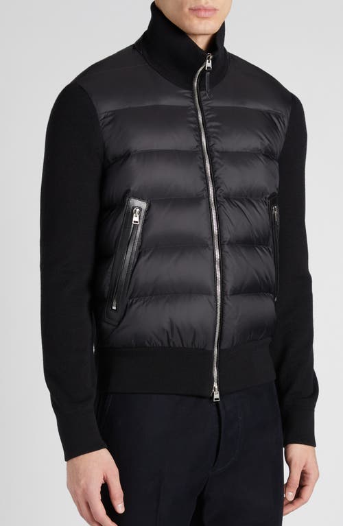 Tom Ford Mixed Media Puffer Front Merino Wool Cardigan In Lb999 Black