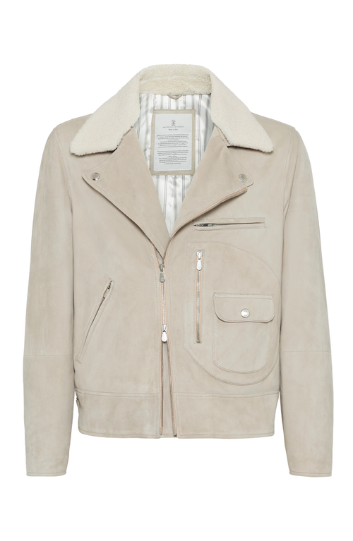 Shop Brunello Cucinelli Suede Biker Jacket With Thermore® Padding And Detachable Shearling Collar In Stone Grey