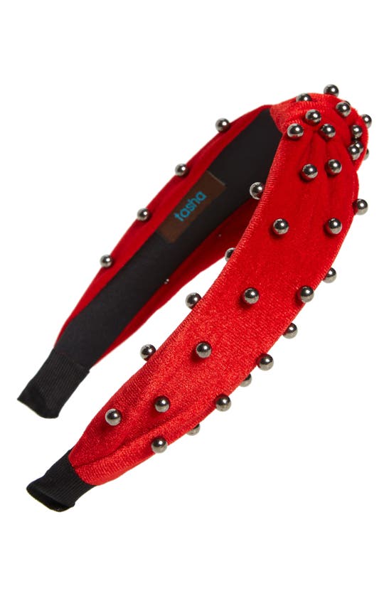 Tasha Bead Embellished Center Knot Velvet Headband In Red Hematite