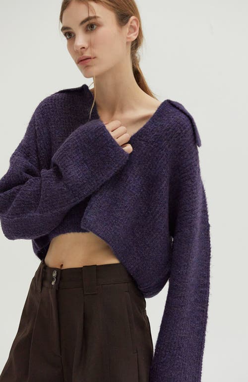 Shop Crescent Waffle Polo Crop Sweater In Purple