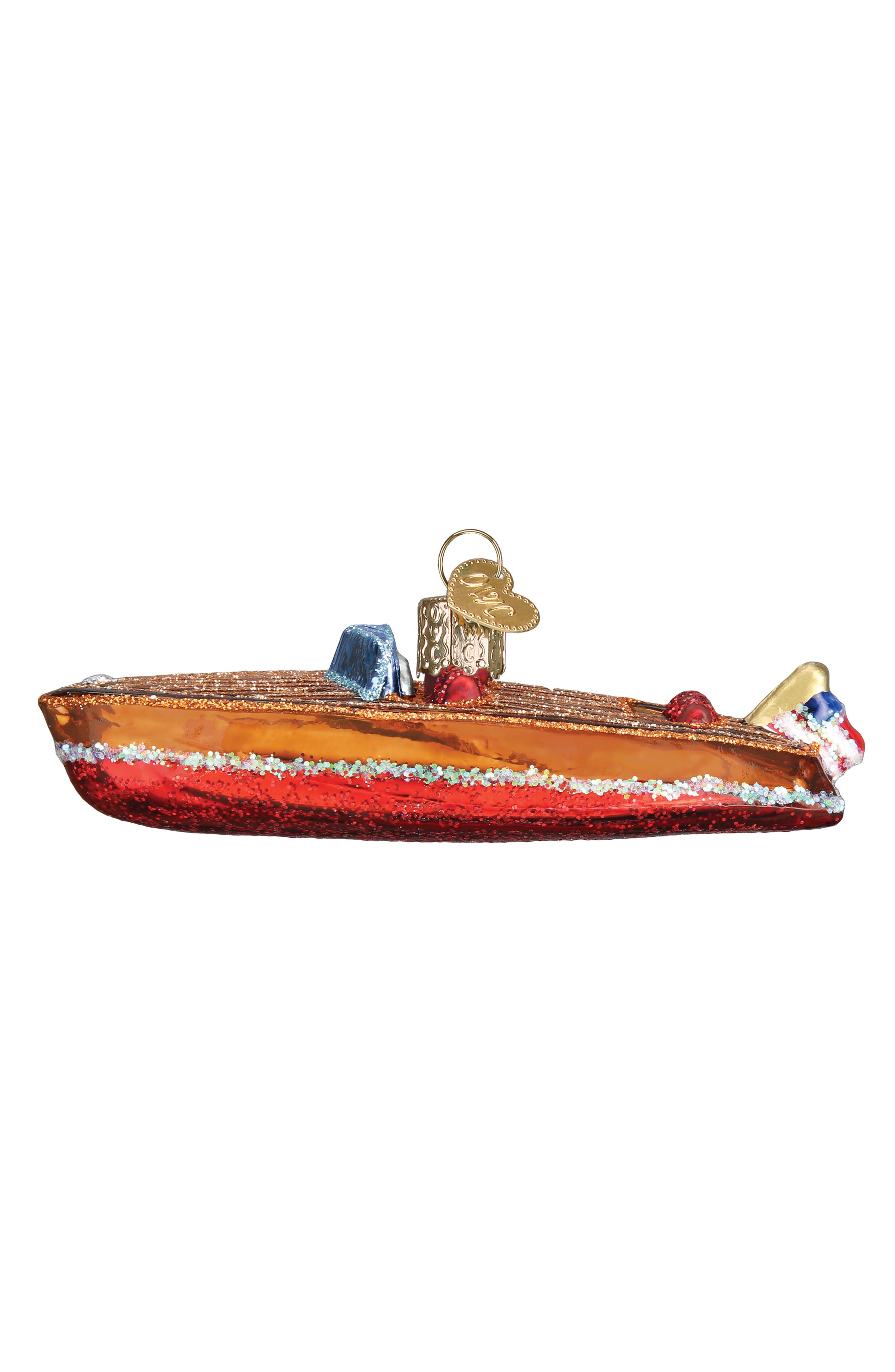 Old World Christmas Classic Wooden Boat Glass Ornament in Brown/Red 