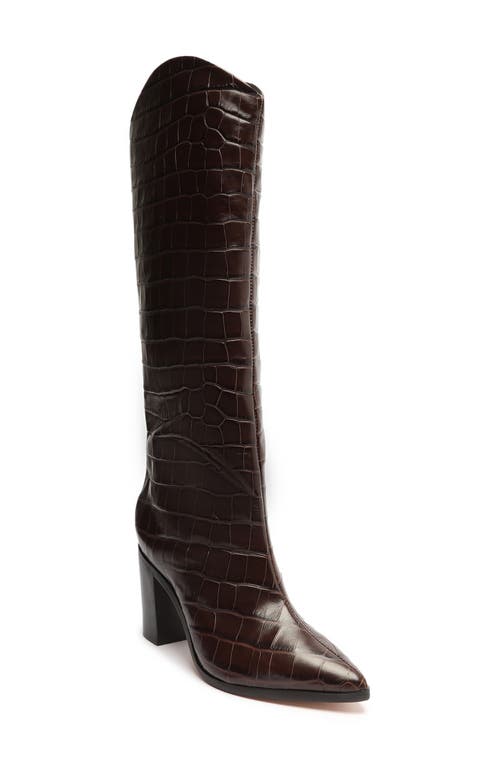 Maryana Pointed Toe Block Heel Knee High Boot in Dark Chocolate Croco