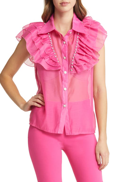 Holly Rhinestone Ruffle Button-Up Blouse in Bright Pink