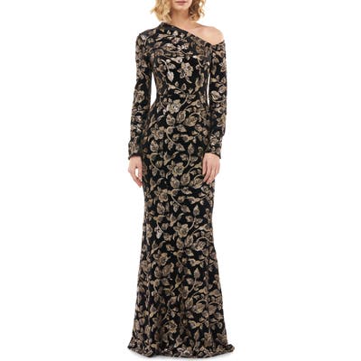 Kay Unger Francesca One-Shoulder Velvet Evening Gown, Black