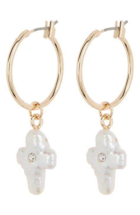Cultured Pearl Cross Hoop Drop Earrings