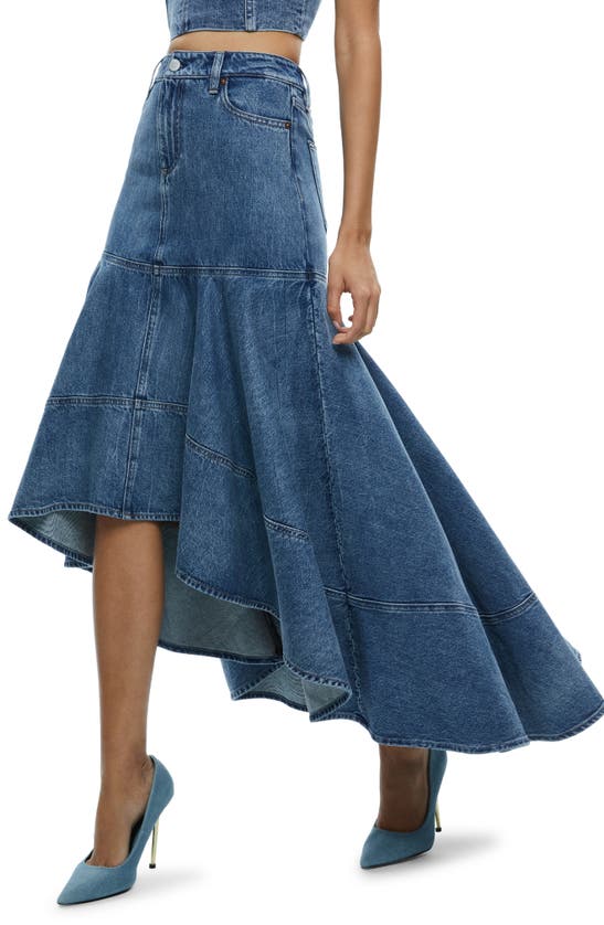 Shop Alice And Olivia Donella High/low Denim Skirt In Brooklyn Blue