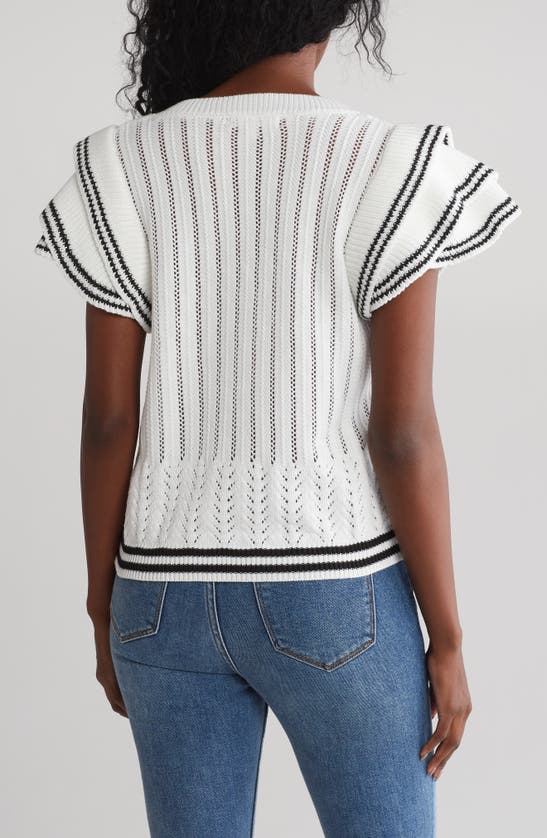 Shop Vigoss Ruffle Sleeve Pointelle Stitch Sweater In White/black